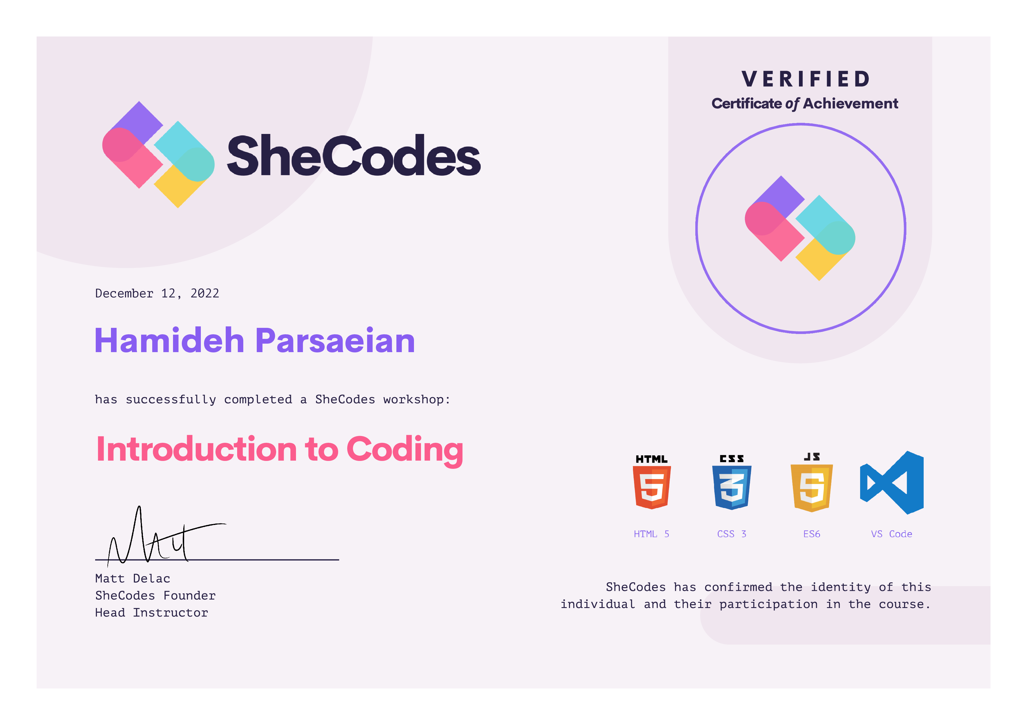 Hamideh Parsaeian's shecodesbasic certificate